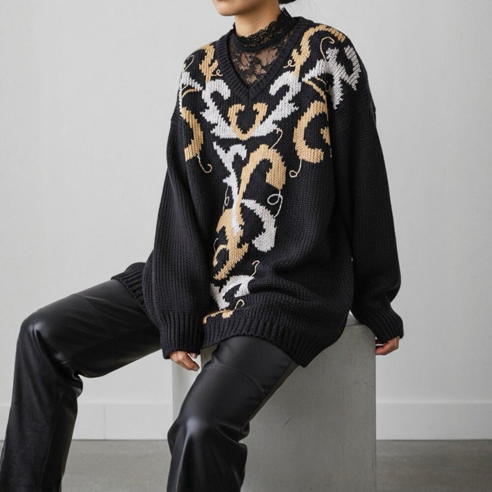 80s Oversized Holiday Festive Sweater Christmas Metallic Gold Silver Baroque M